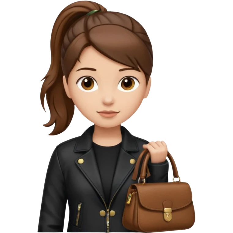 A girl with a pony tail brown hair and white ish skin with a black jacket and a brown purse emoji