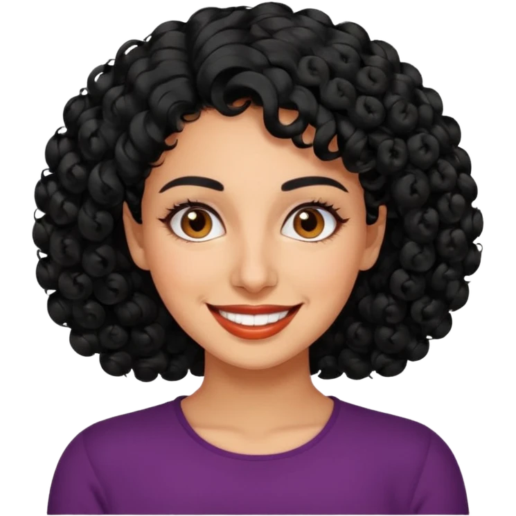 30 year old iranian woman very short curly black hair, big brown eyes, tanned skin, big smile, white teeth, pretty, stylish, shorter hair emoji