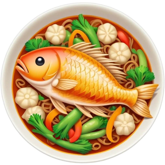 Fish Fragrant Shredded Pork with colorful vegetables in sauce, simplified emoji style with bold outlines and bright colors, cartoon style Yu Xiang Rou Si dish emoji
