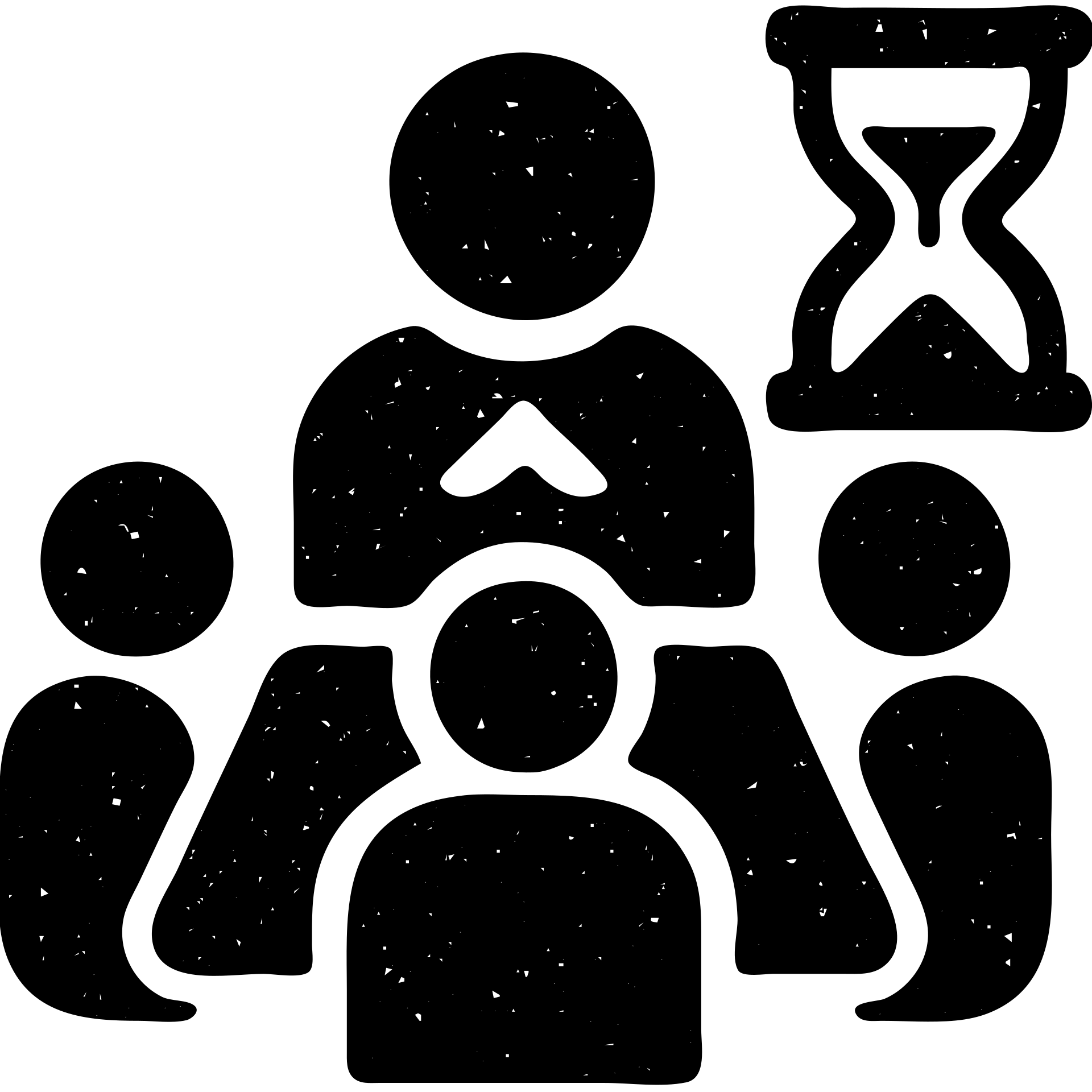 minimalist solid icon of players and a game master collaborating, with a clock or hourglass representing a multi-day marathon, worn and distressed effect emoji