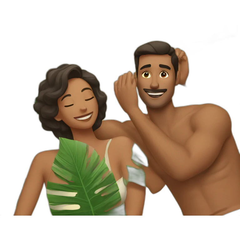 a man is laying and a woman is fanning him with palm leaves emoji
