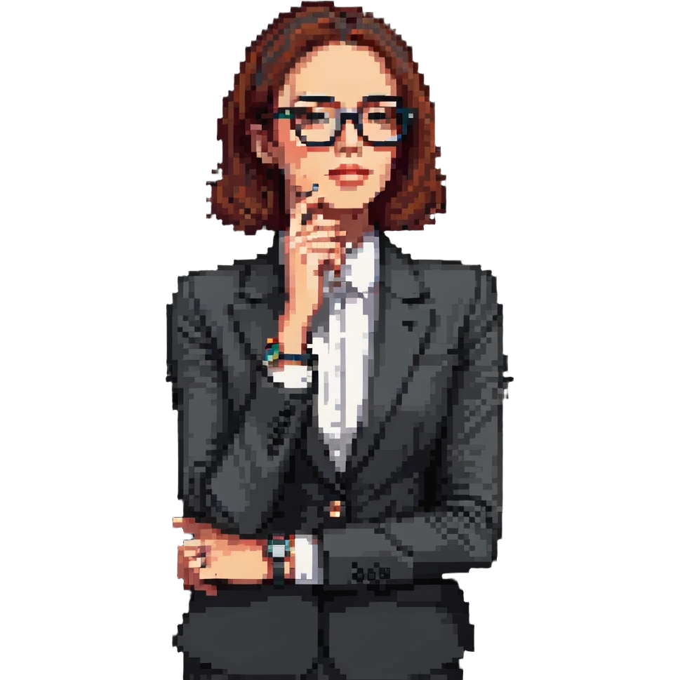 pixel art image of a businesswoman in a suit, waist up, hand under chin, looking to the side thoughtfully, wearing stylish glasses, luxury watch visible on wrist, contemplative and curious mood, clean background emoji