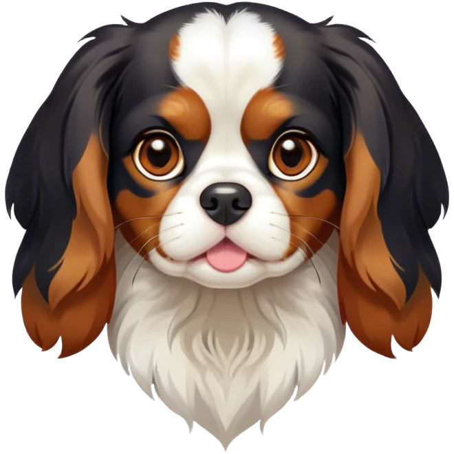 Cinematic Cute Tri-Colour Cavalier King Charles Spaniel Portrait Emoji, Head tilted playfully and inquisitively, silky tri-colour fur with vibrant black, crisp white, and warm tan patches, round, sparkling brown eyes filled with curiosity, Simplified yet irresistibly adorable features, highly detailed, glowing with a warm, friendly glow, high shine, affectionate and lively, stylized with a touch of whimsy, bright and endearing, soft glowing outline, capturing the essence of a mischievous yet loving pup, so playful it feels like it could pounce out of the screen and into your arms! emoji
