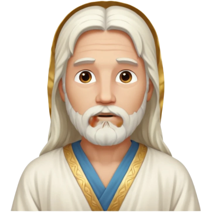 Jesus, Son of God from Gods and Goddesses with long white hair and beard, white outfit emoji