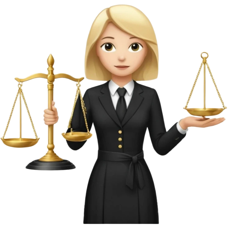 woman lawyer blanche et blonde avec des cheveux mi-long; elle est habillée avec une longue robe noire et une cravate blanche; elle porte la justice emoji