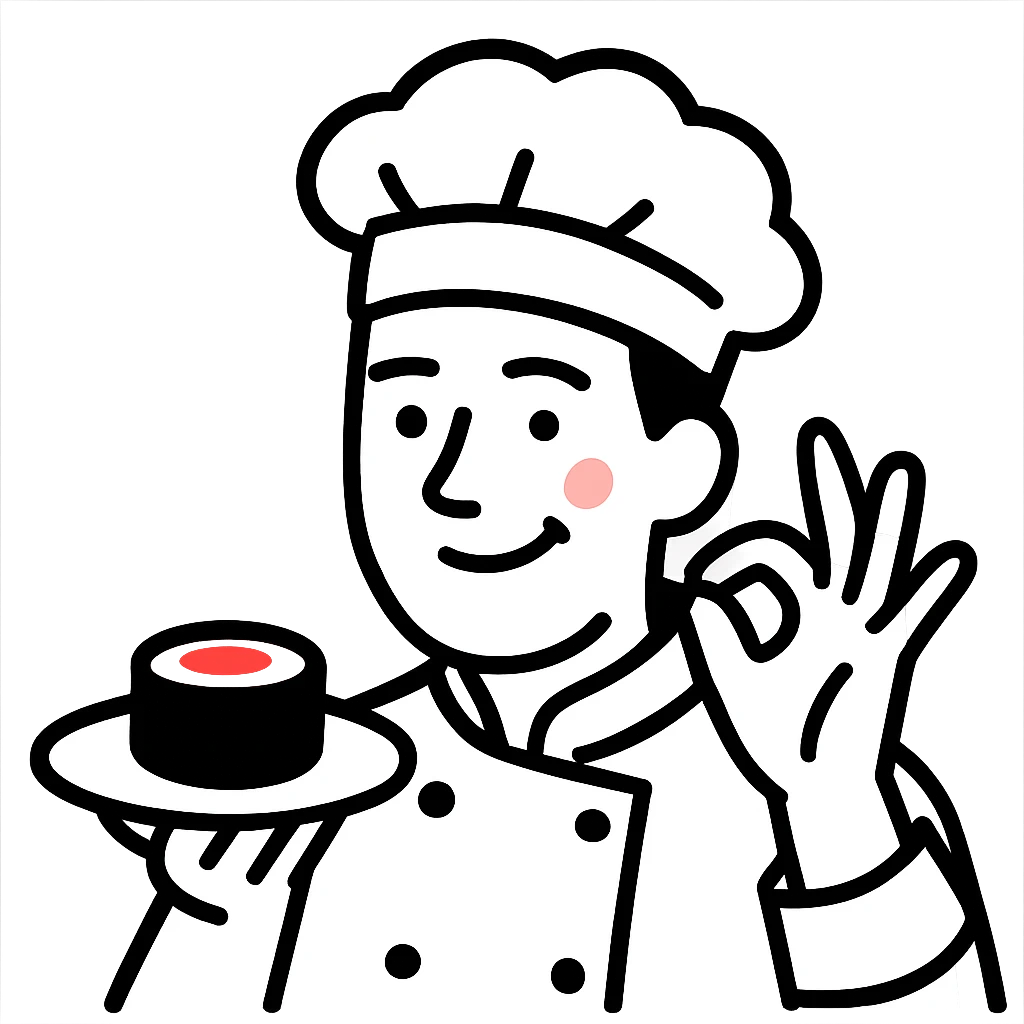 A chef character with a playful smile, wearing a chef's hat, and looking pleased with their creation emoji