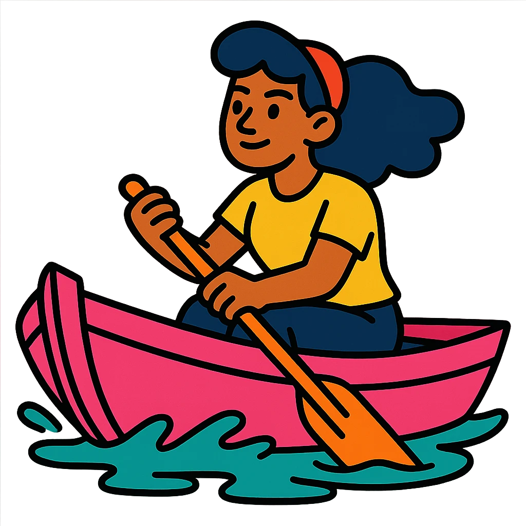 woman rowing a pink boat in vibrant toon style emoji
