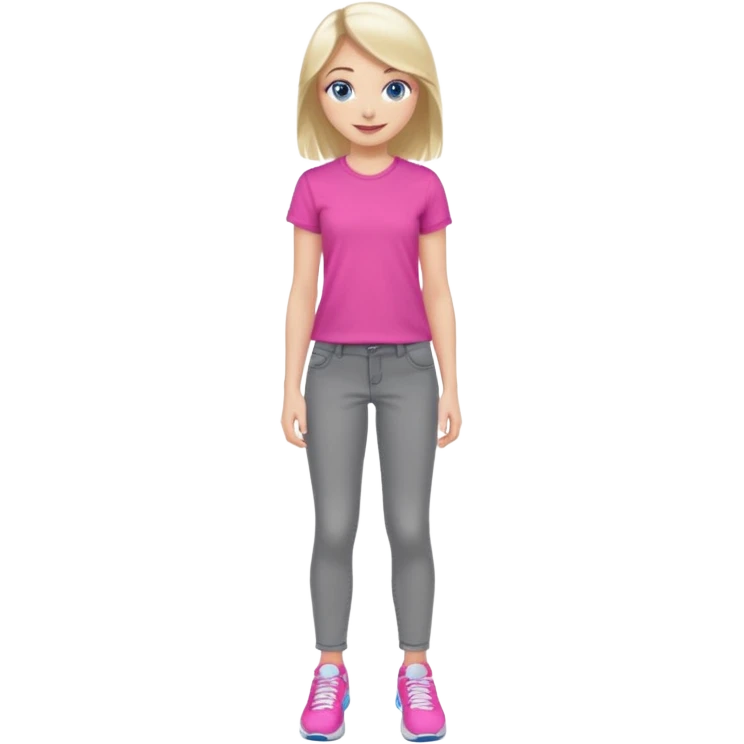 beautiful girl with fair hair, blue eyes, in a vivid pink shirt, grey jeans and white trainers emoji