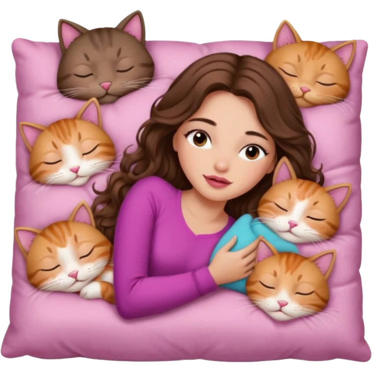 girl with long wavy brown hair, brown eyes, long lashes makeup, sexy pink lips, light to medium complexion,  sleeping on a cozy pillow, with 6 cats, sleeping emoji