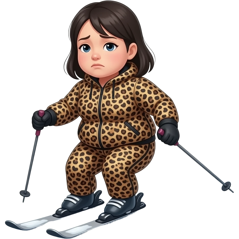 Depressed Fat Asian girl on ski with leopard ski suit emoji