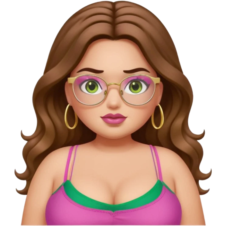 Baddie bratz girl with middle parted long wavy brown hair. green eyes. Plus size. pink spaghetti strap top. Gold rimmed glasses emoji