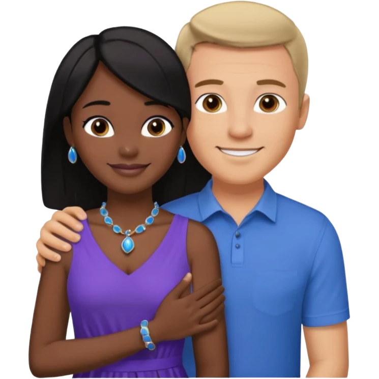 smiling embracing interracial couple. man is tan and has short brown straight hair he is wearing blue. woman has very dark black skin and long dark black hair. she is wearing purple and has matching blue jewelry on emoji