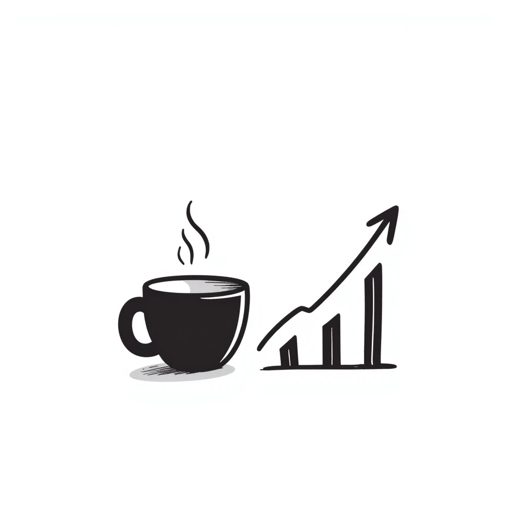 a doodle of a coffee cup next to a bullish stock graph emoji