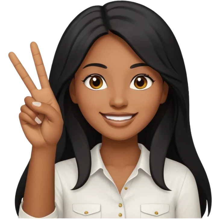 pretty brown skin woman with long black hair and brown eyes holding up the peace sign emoji