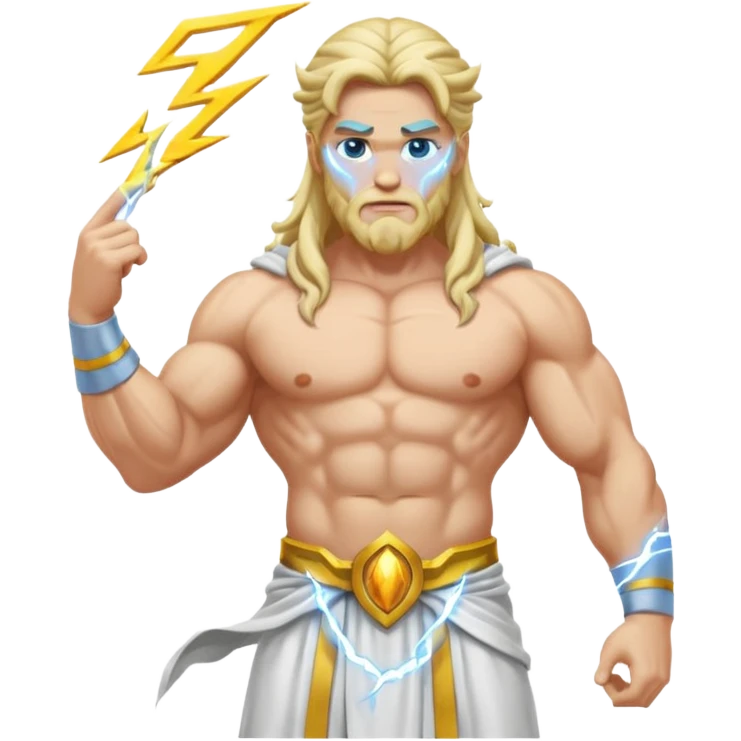 Zeus, whole body, white clothes, long hair, lightnings emoji