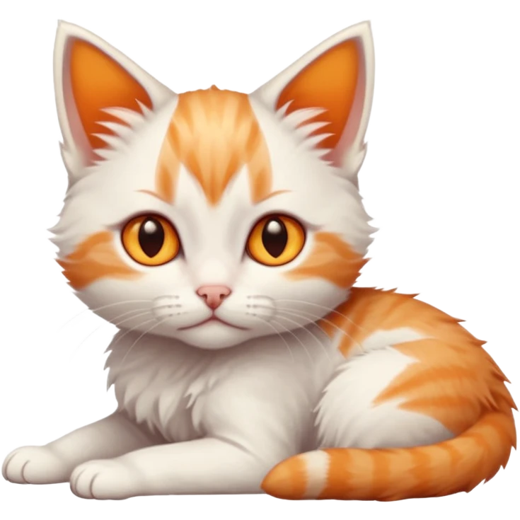 full body of very small + skinny ginger and white kitten with deep orange eyes and triangular shaped face lying down emoji