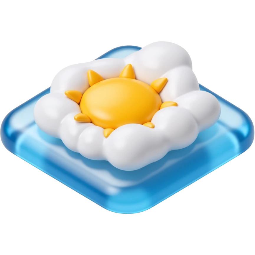 skeuomorphic Apple Weather App icon with glossy blue background, realistic sun and cloud, detailed icon style emoji