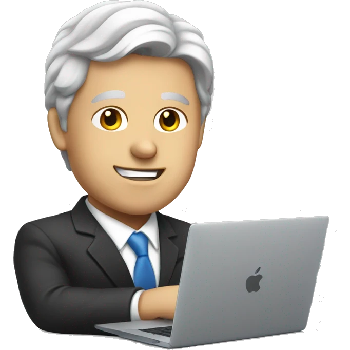 A white businessman in a suit works at a MacBook emoji