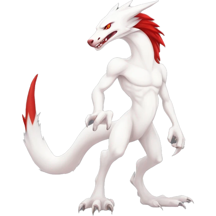 White edgy cute badass epic anthro modern albino sergal-vernid-Fakémon with red mane and red eyes, full body emoji