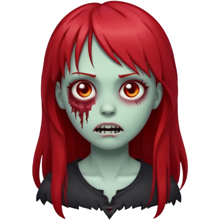 zombie girl, with dark, long red hair and bangs on forehead. Emoji in iOs style. emoji