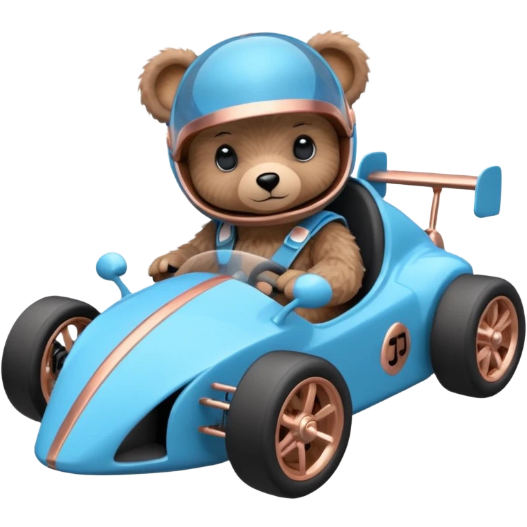 dark crystal blue and rosegold-accented faceted-body electric racing car driven by a small cute but fearless teddy baby bear with rear spoiler, roll bar, and wheely bar emoji
