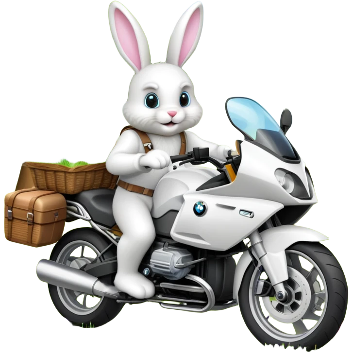Easter bunny riding a BMW boxer motorcycle with trees and grass in the background and colorful Easter eggs hidden in the grass emoji