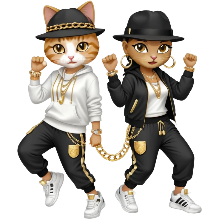 female cat wearing Run DMC hip-hop outfit with tracksuit, fedora, Adidas sneakers, many gold chains, rings, bracelets, flashy earrings, dancing with a friend, no sunglasses emoji