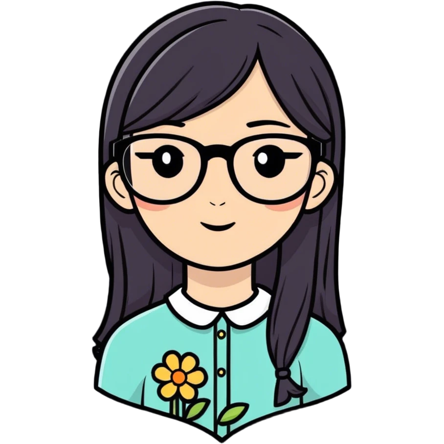 A girl who has straight hair with a flower on her hair,has glasses emoji
