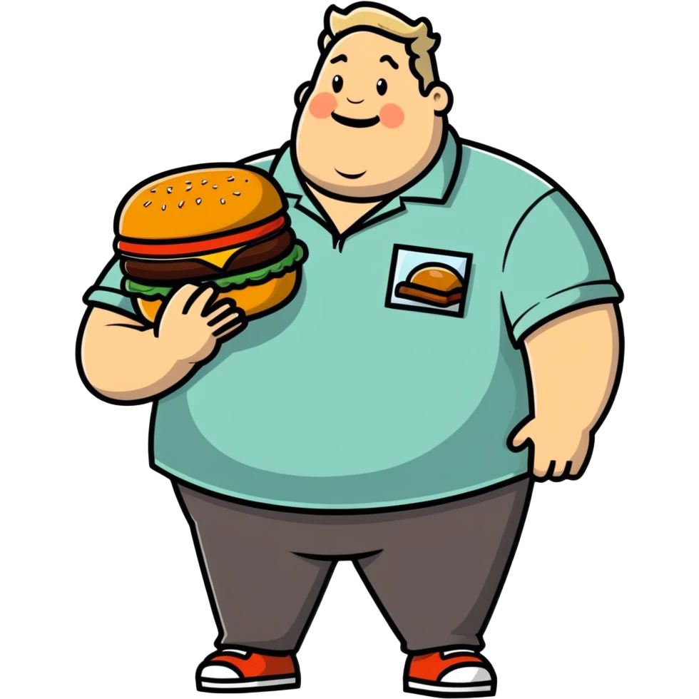 fat man with a shirt that doesn't fit him and has grease stains, holding a burger emoji