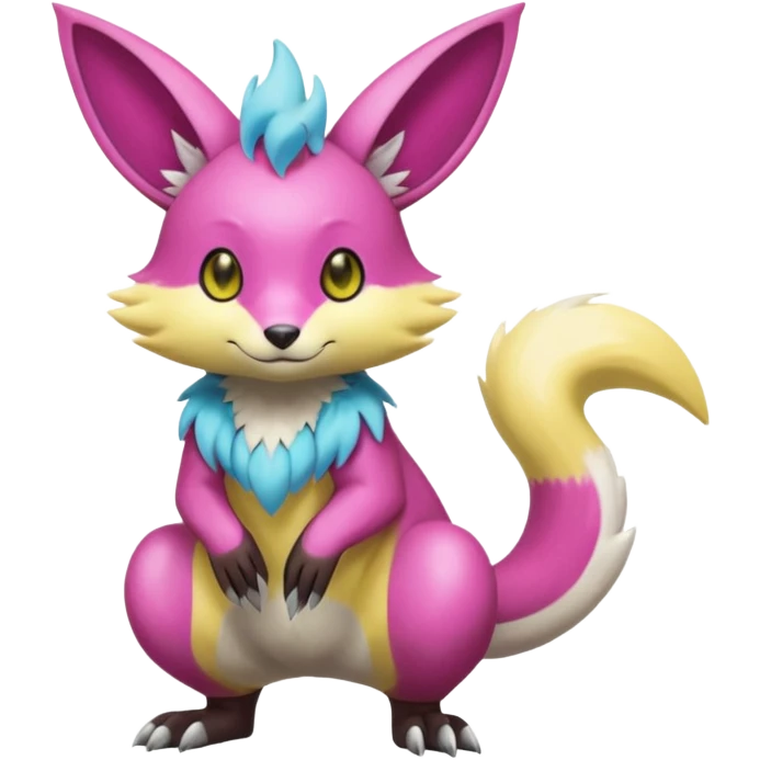 realistic Shiny smooth silky soft Cyan-Yellowish-Magenta Minccino-Zeraora-Emolga-Vernid-Sergal-fusion-hybrid-animal-creature, full body emoji