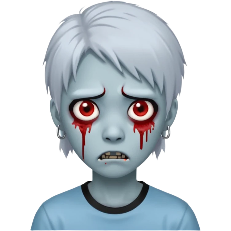 Create a 3D emoji-style avatar with very pale blue-grey zombie skin like the reference image, a young Asian face, and large eyes with blood tears. Give it white mullet-style hair, silver hoop earrings, and a plain black T-shirt. The face expression should be slightly angry emoji