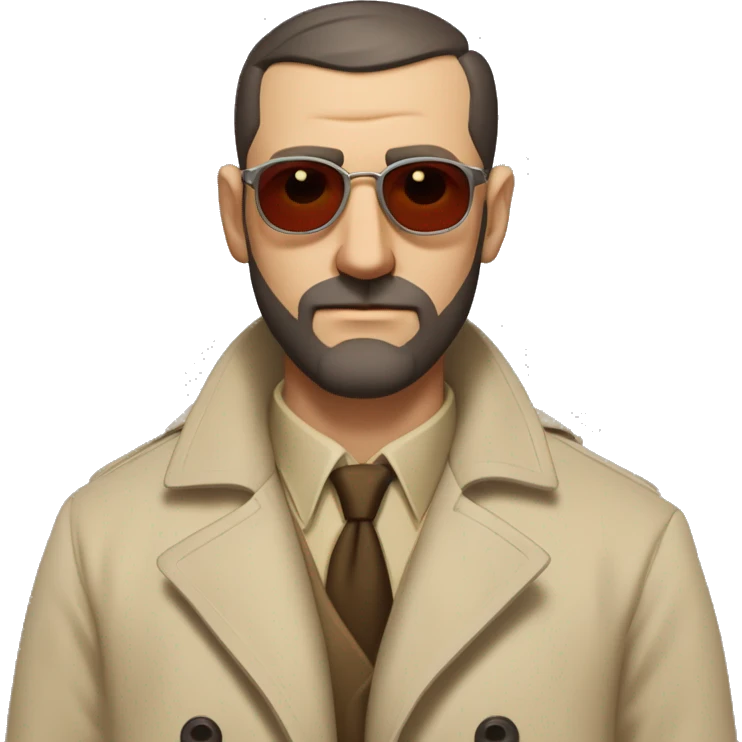 1930s investigator, a Caucasian man with short, buzz cut dark hair and a rough beard, wears tiny red-tinted sunglasses and a dirty beige trench lab coat. He has a serious demeanor. emoji