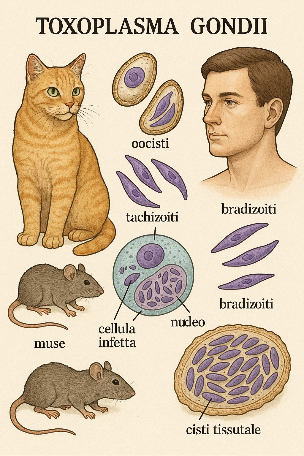 Toxoplasma gondii, che infetta tutti gli animali a sangue caldo, compreso l'essere umano in italiano emoji