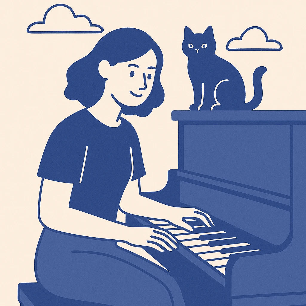 woman playing piano while her cat sits on top of the piano emoji