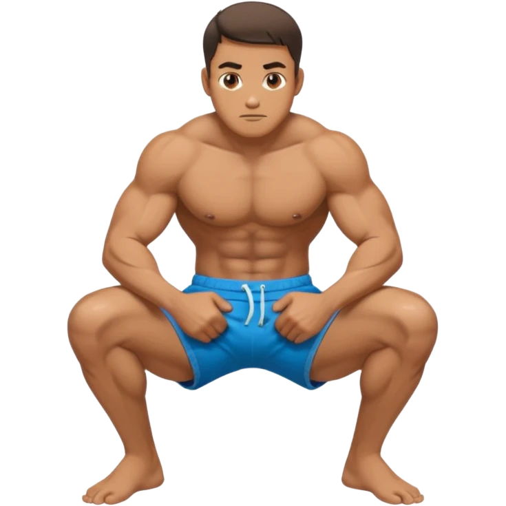 A squatting man legs spread apart and make a penis visible going through a hole in his broken shorts emoji