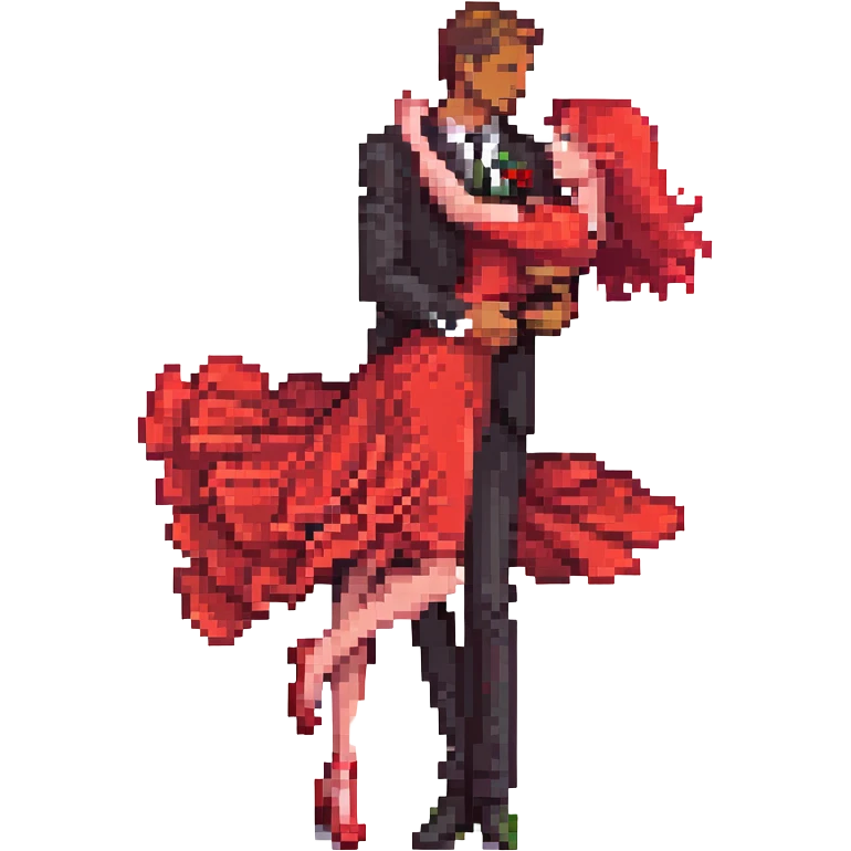 pixel art of a romantic couple dancing the Spanish tango, man in black suit with red rose on chest, woman in flowing red dress with one leg extended in dramatic tango pose, close embrace, expressive movements, classic tango elegance, small pixel art style, emoji size, cute and vibrant emoji