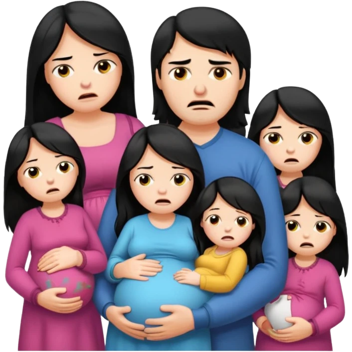pregnant woman with long black hair crying, angry husband beside her, five little girls with them emoji