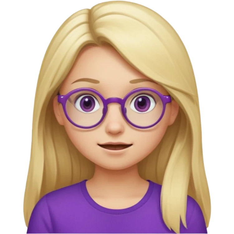 una chica rubia con el pelo largo, gafas redondas, vestida con un top morado, y con diferentes expresiones emoji