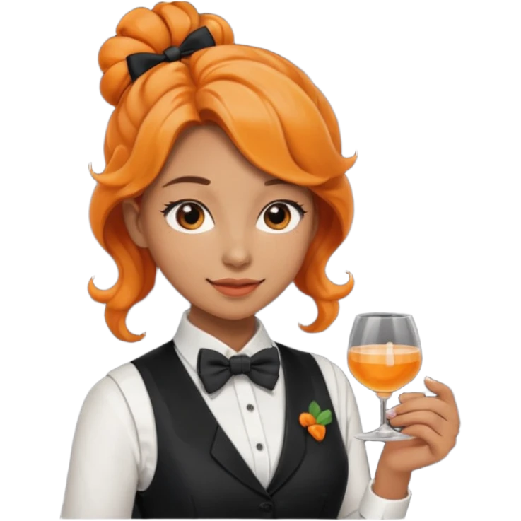 a bartender lady with bow tie and vest, having orange wavy bun hair















 emoji
