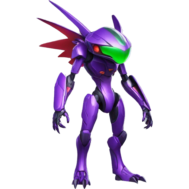a shiny purple-green-red Genesect-Raptor-Fakémon—hybrid with a futuristic visor-helmet full body emoji