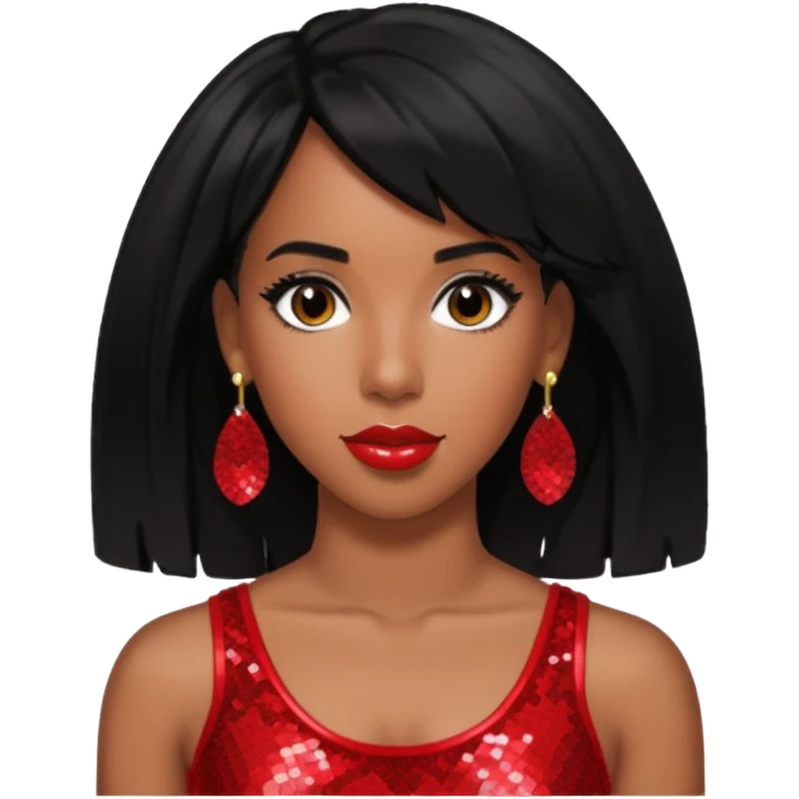 Kelly Rowland with black hair, red sequin crop top, red earring emoji