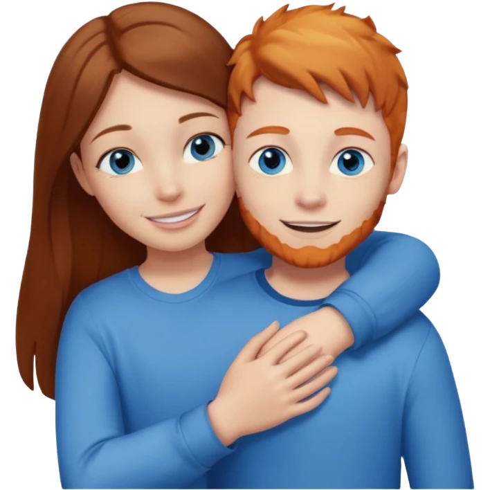 Girl with straight brown hair being hugged by ginger boy. Both have blue eyes.  emoji