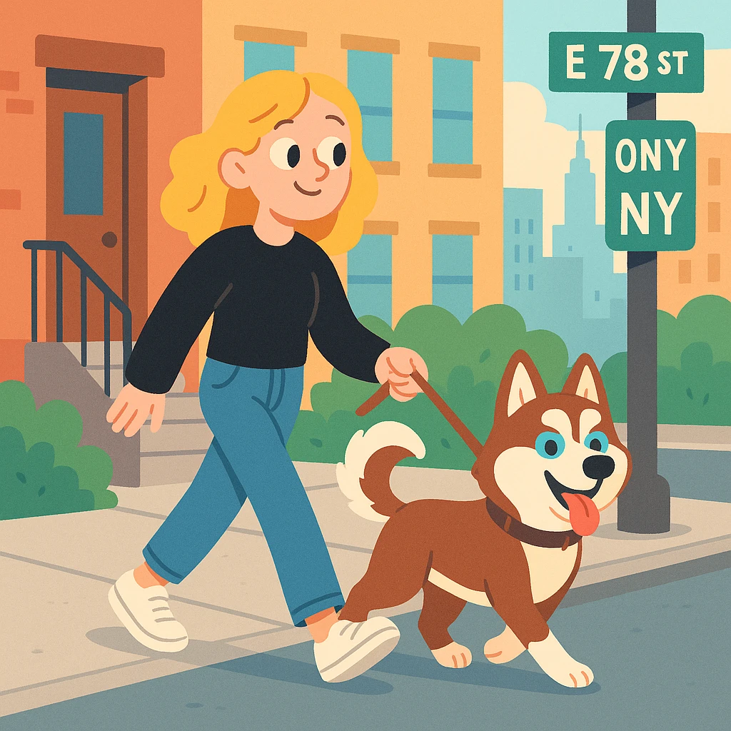 Cute Blonde woman wearing a black sweater and jeans and white sneakers walking a happy red-brown blue-eyed Siberian husky in New York City on an upper east side city sidewalk  emoji