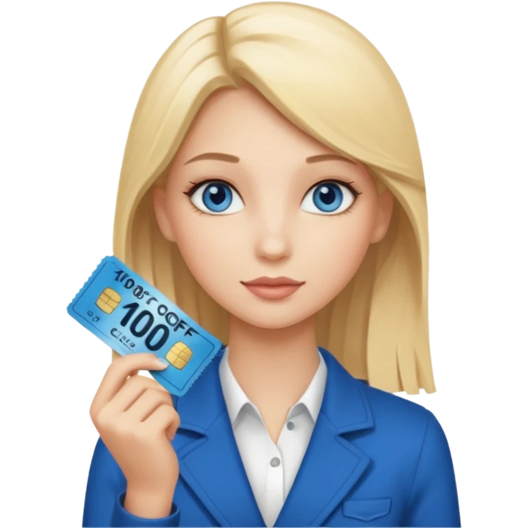 make a elegant girl with a ticket in her hand that says 10 precent off, emoji