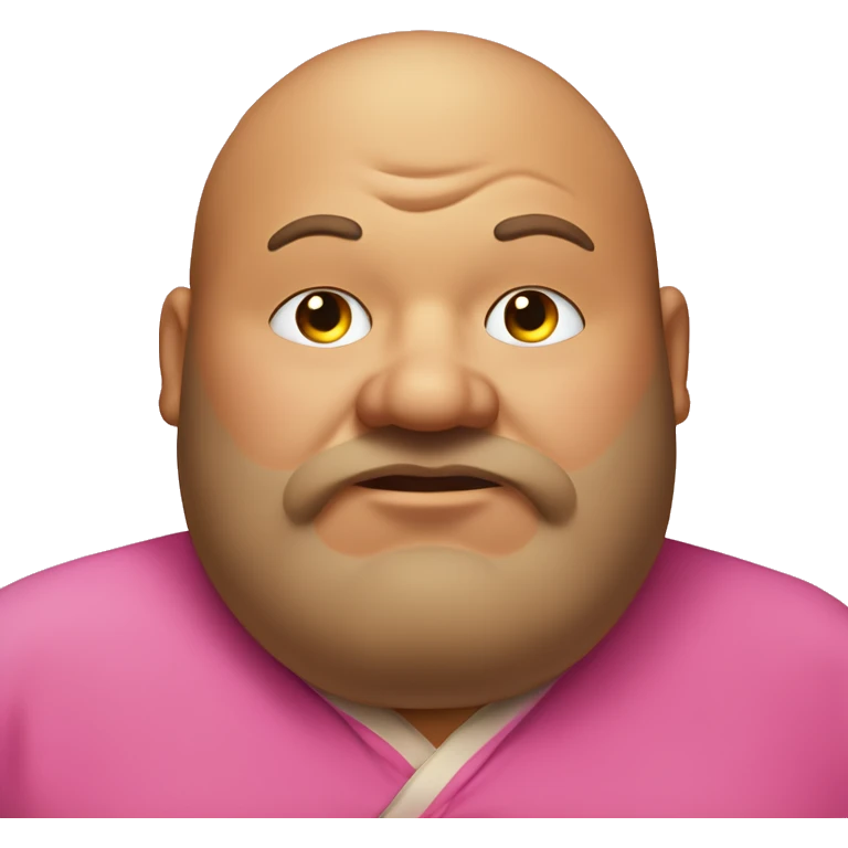 fat man with big hairy ears wearing pink robe, eyes closed, big lips and yellow teeth, duble chin and with a potato nose emoji