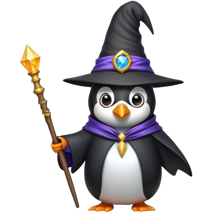 Penguin dressed as a wizard with a magic wand and wizard hat emoji