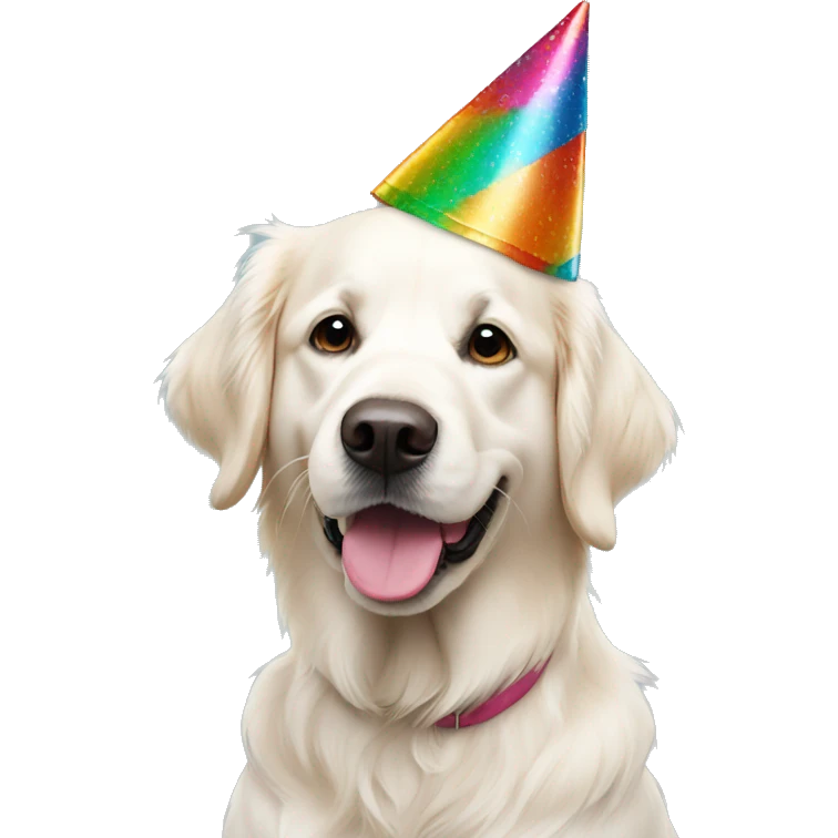 White golden retriever wearing multicolor party hat emoji