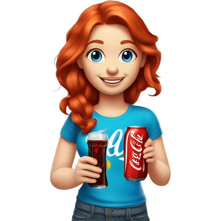 red-haired beautiful blue-eyed girl with fair skin in a T-shirt with a smiley face and a smile with a Coca-Cola in her hands emoji