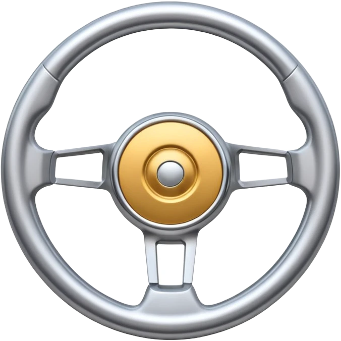 A futuristic steering wheel emoji made of silver chrome, minimal geometric design, smooth metallic surface, soft reflections, iOS emoji style, centered, clean white background emoji