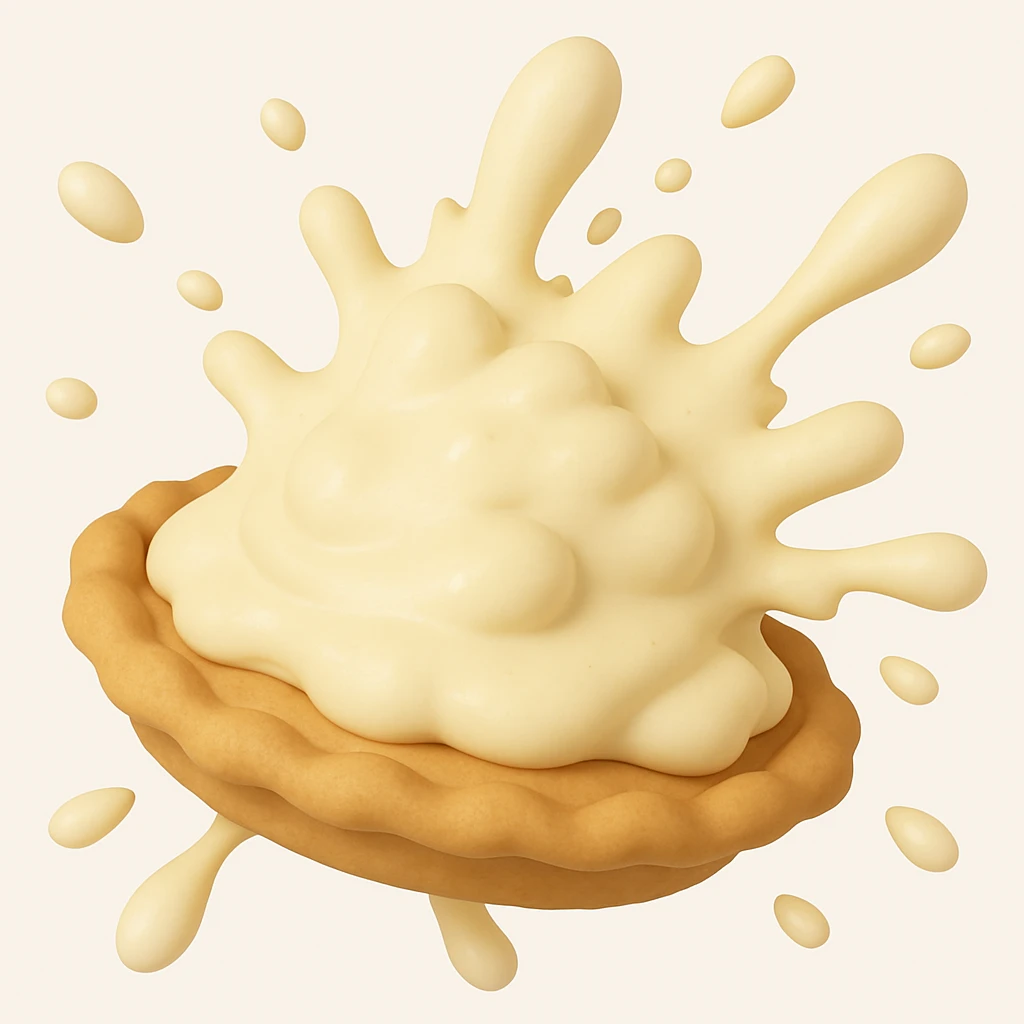 Make the cream pie splat slightly less shiny, remove the blue pie pan, and show a golden brown crust instead. Keep the dynamic perspective and playful 3D emoji style. emoji